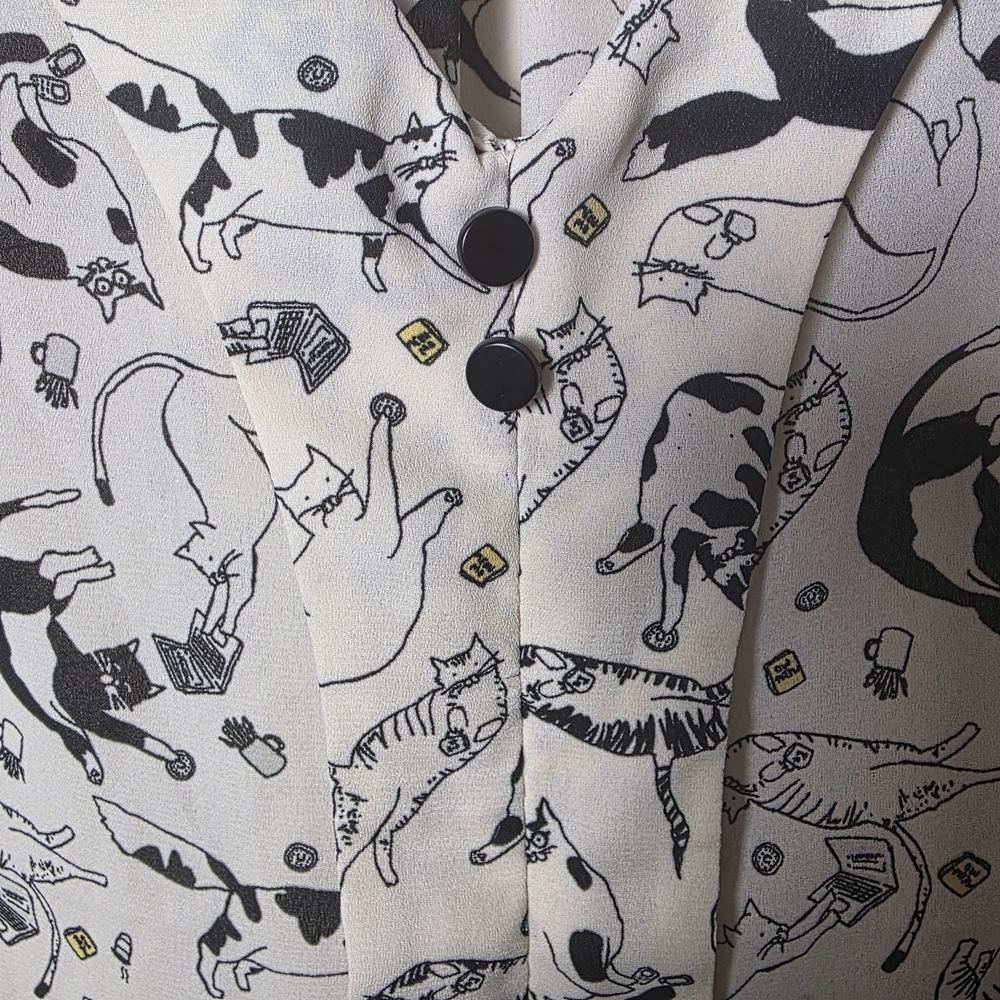 ModCloth Cream Sleeveless Button-Front Blouse with Black Cat Print - Picture 4 of 7